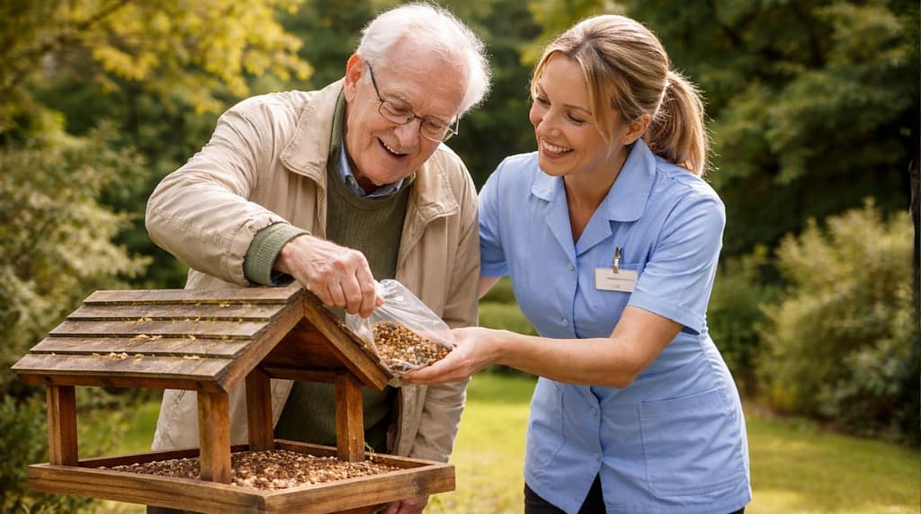 Man putting bird seed on bird table - Nature Enrichment In Care Homes